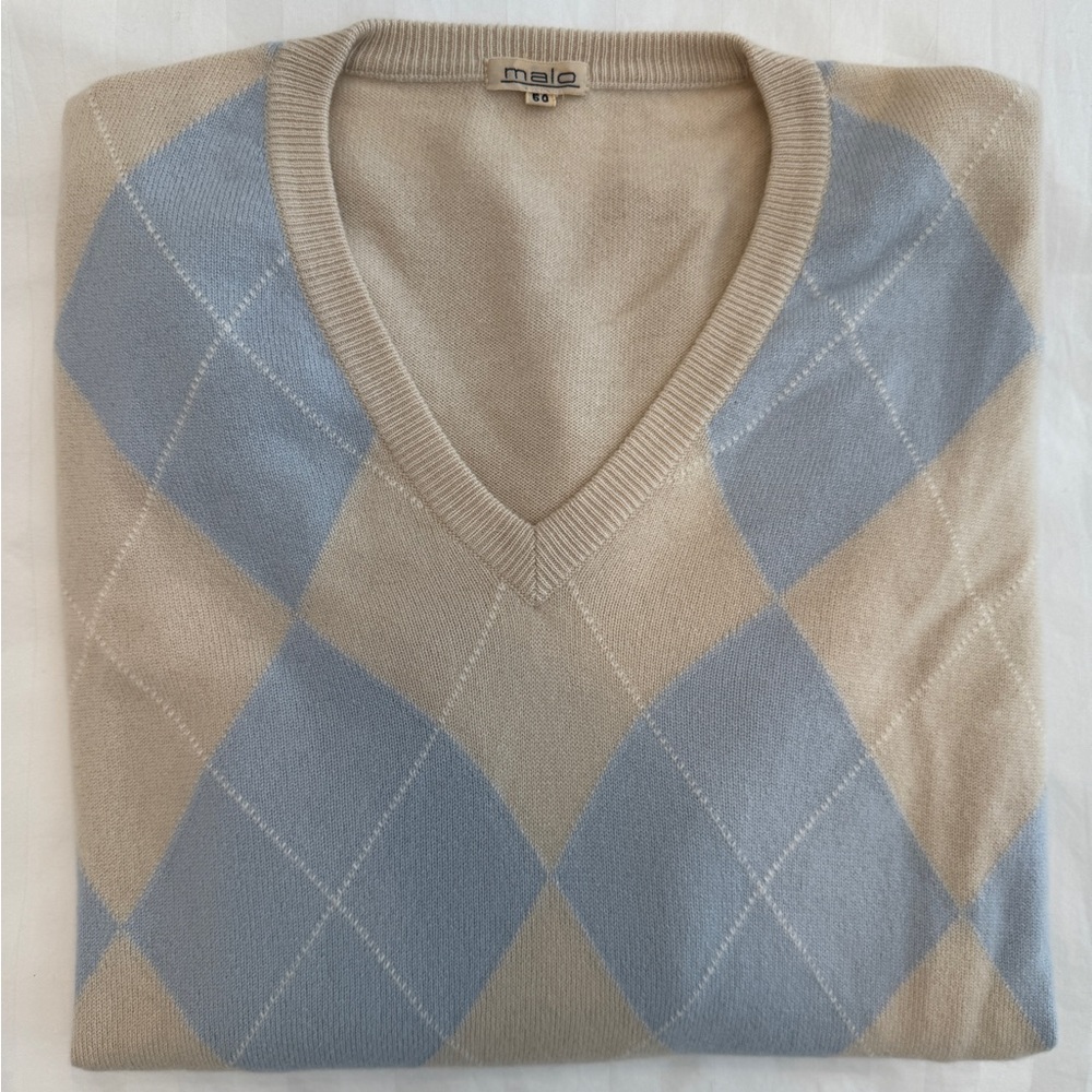 Malo Cashmere Sweater V-Neck Argyle Beige Blue Vintage Italy Size 50 L Luxury